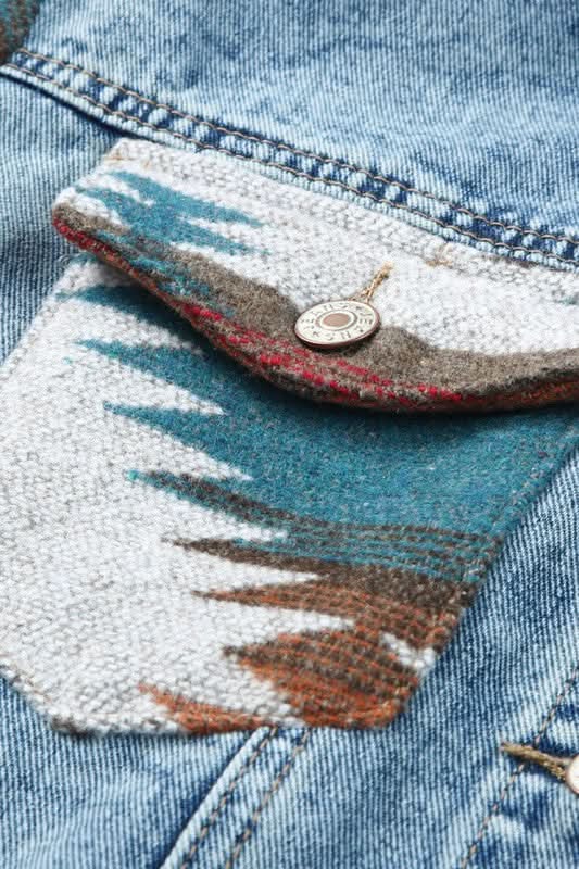 Geometric Print Frayed Hem Denim Jacket - Love Salve
